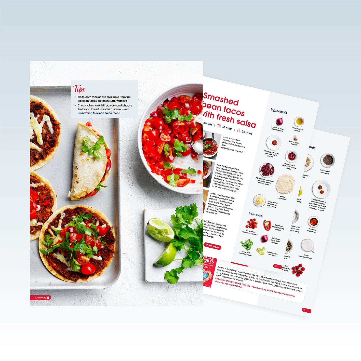 Recipe page for smashed bean tacos with fresh salsa on a white background