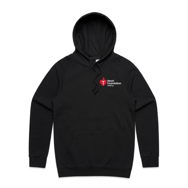 Black unisex hoodie featuring white Heart Foundation Walking logo left chest. Designed for walkers to help promote walking and the importance of a healthy and active lifestyle.