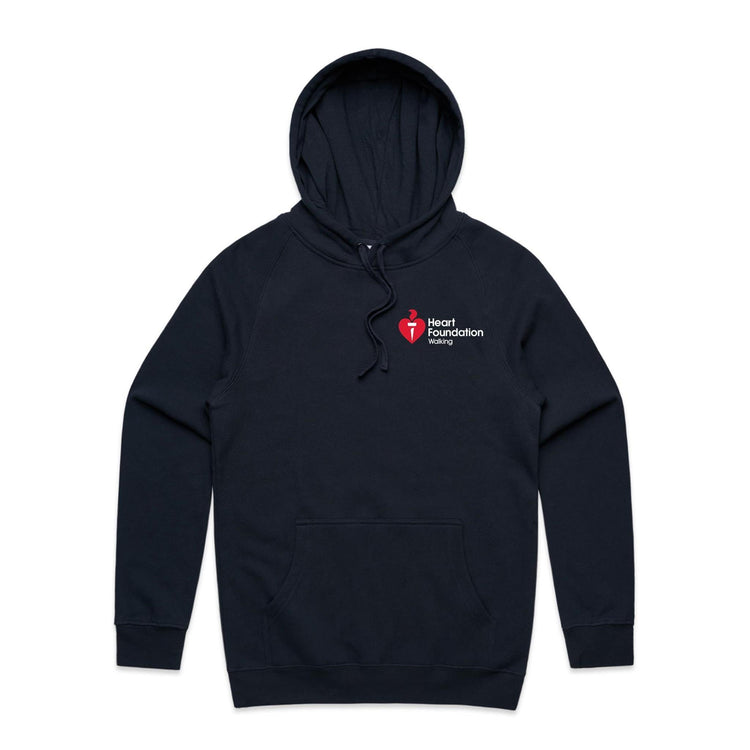 Navy unisex hoodie featuring white Heart Foundation Walking logo left chest. Designed for walkers to help promote walking and the importance of a healthy and active lifestyle.
