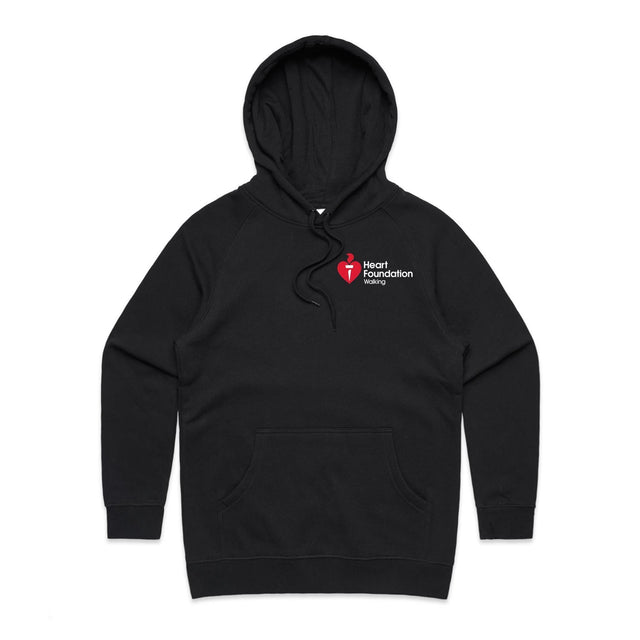 Women's black hoodie featuring white Heart Foundation Walking logo left chest. Designed for walkers to help promote walking and the importance of a healthy and active lifestyle.chest