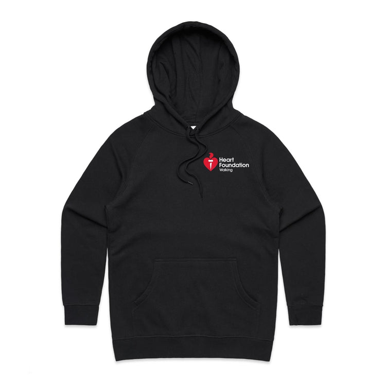 Women's black hoodie featuring white Heart Foundation Walking logo left chest. Designed for walkers to help promote walking and the importance of a healthy and active lifestyle.chest