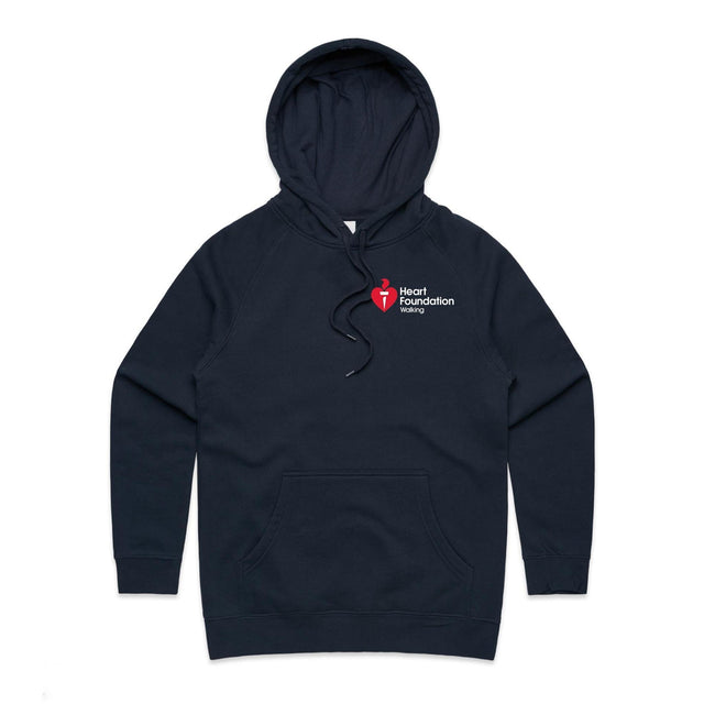 Women's navy hoodie featuring white Heart Foundation Walking logo left chest. Designed for walkers to help promote walking and the importance of a healthy and active lifestyle.chest