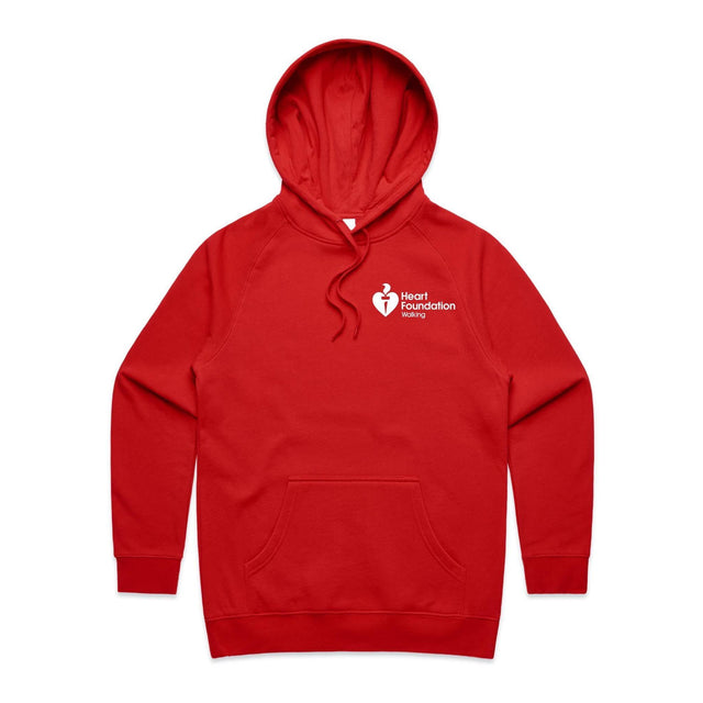 Red women's hoodie featuring white Heart Foundation Walking logo left chest. Designed for walkers to help promote walking and the importance of a healthy and active lifestyle.chest