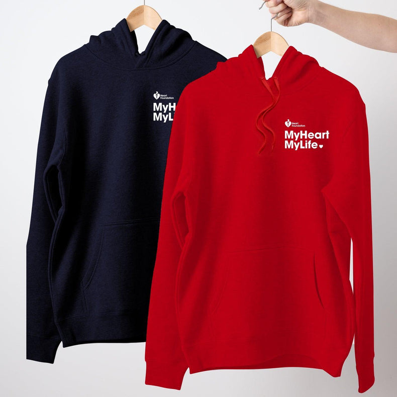 Heart Foundation's MyHeart MyLife unisex style hoodie, shown displayed on coat hangers, in both red and navy colour options. Developed to promote the MyHeart MyLife support program for those recovering from a heart event.