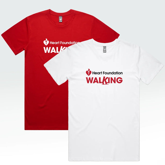 Red and white t-shirts with Heart Foundation branding on a white background