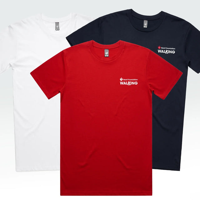 Red, white, and navy t-shirts with Heart Foundation Walking logo on a white background