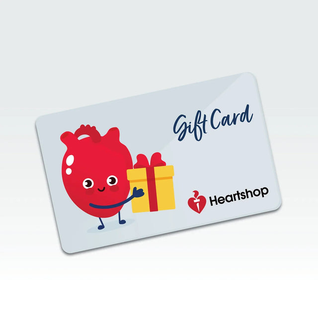 Gift card with a cartoon heart holding a gift box, on a light gray background