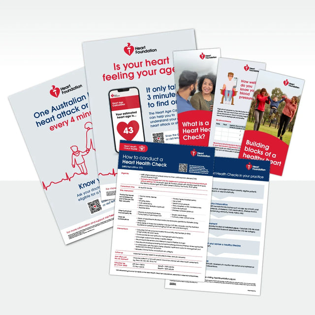 Heart Foundation brochures on a split white and light gray background