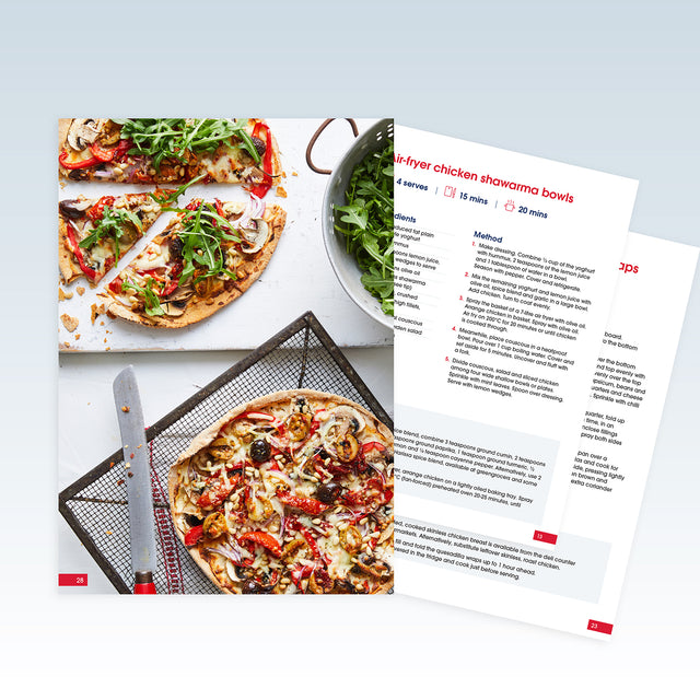 A recipe page for 'fryer chicken shawms bowls' is shown overlapped by a styled food photo of prepared flatbread pizzas on a light gray background.