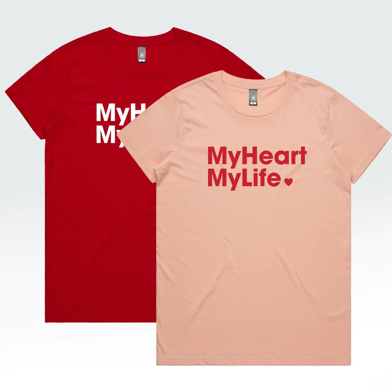 Red and pale pink t-shirts with text on a light gray background