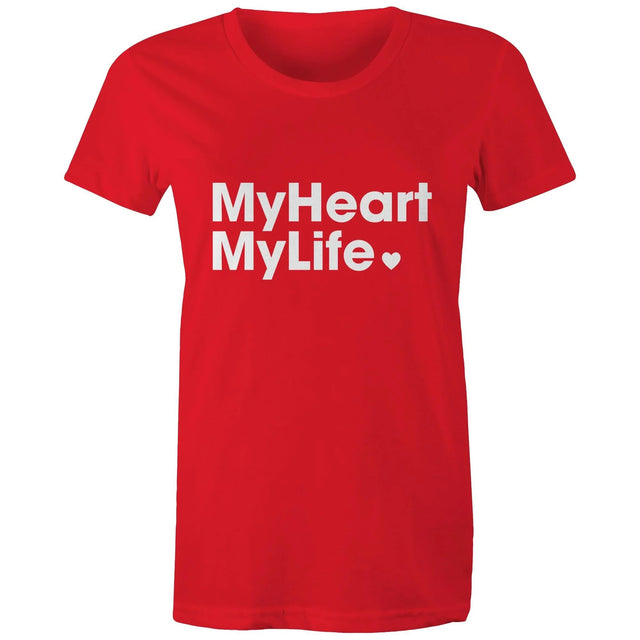 Red women's style t-shirt with white print tag line, featured on light gray background.