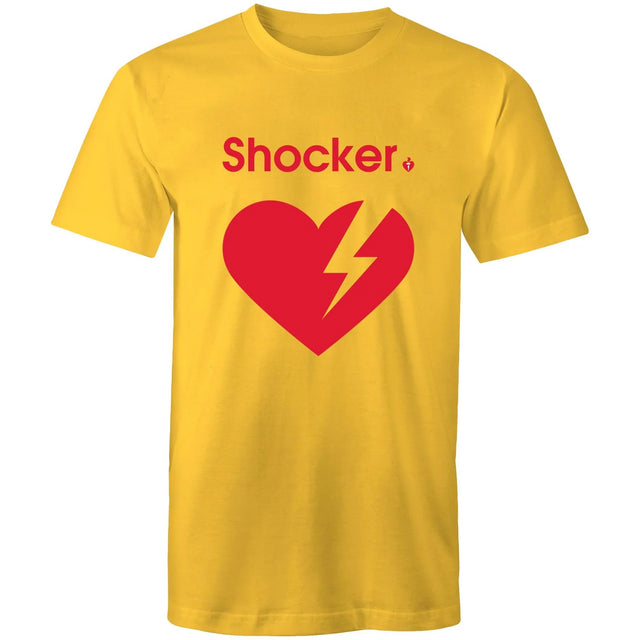 Yellow Heart Foundation unisex t-shirt with red Shocker print featured on white background