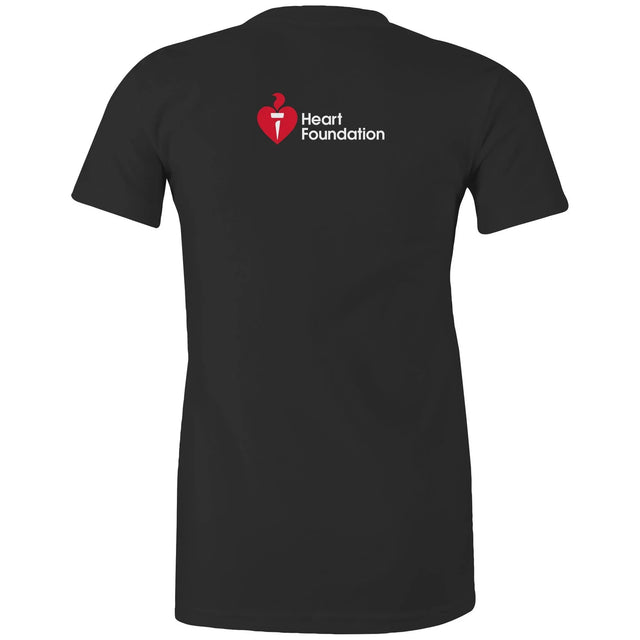Women's black t-shirt with Heart Foundation logo on upper back featured on light gray background