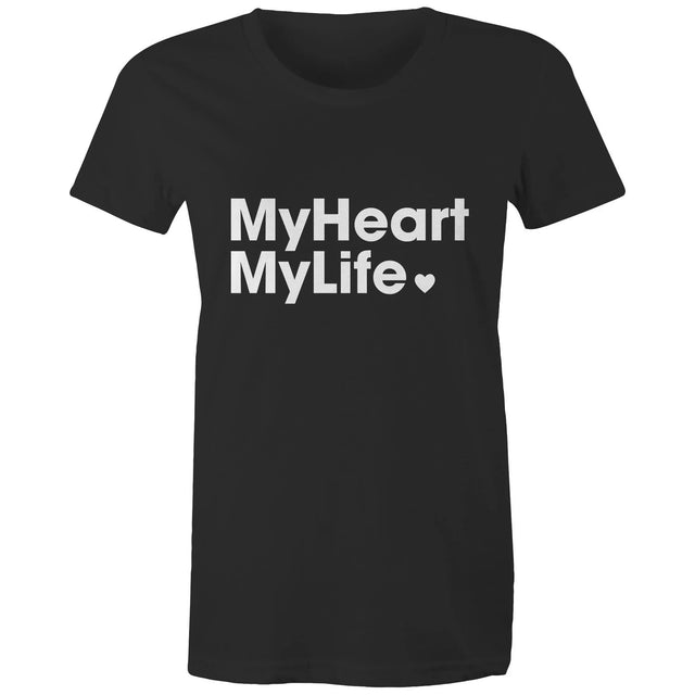 Women's black t-shirt with white print tag line featured on light gray background