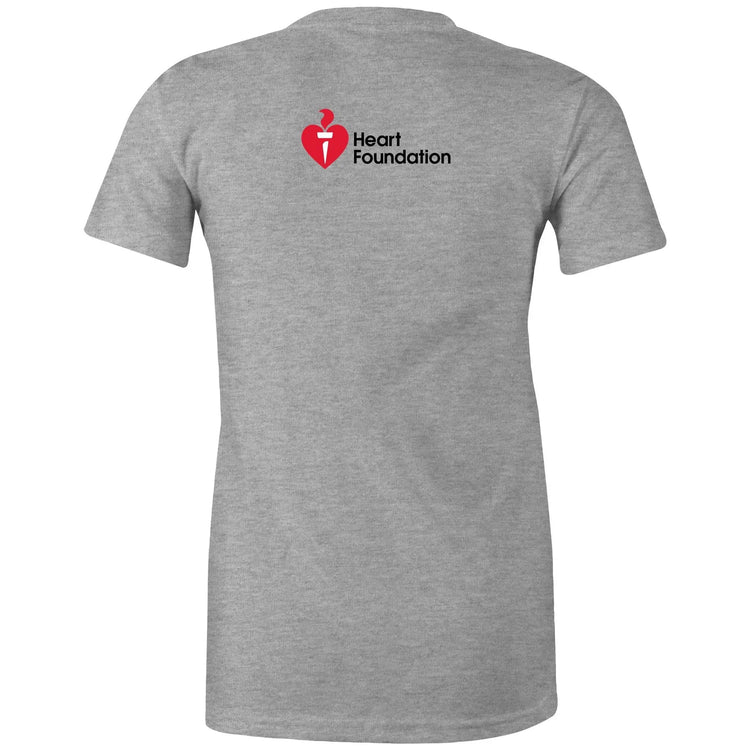 Grey marle women's t-shirt with Heart Foundation logo on upper back featured on light gray background