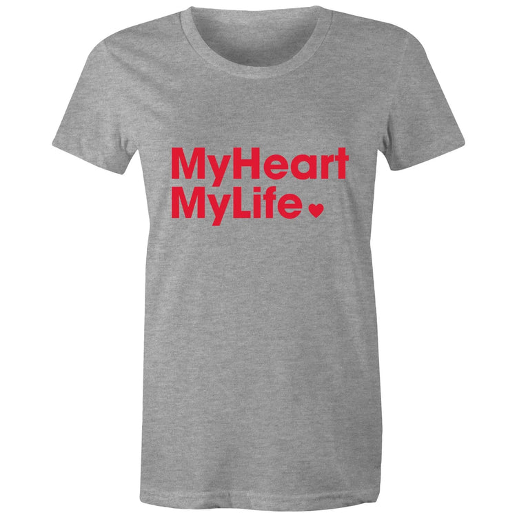 Grey marle women's t-shirt with red print tag line featured on light gray background