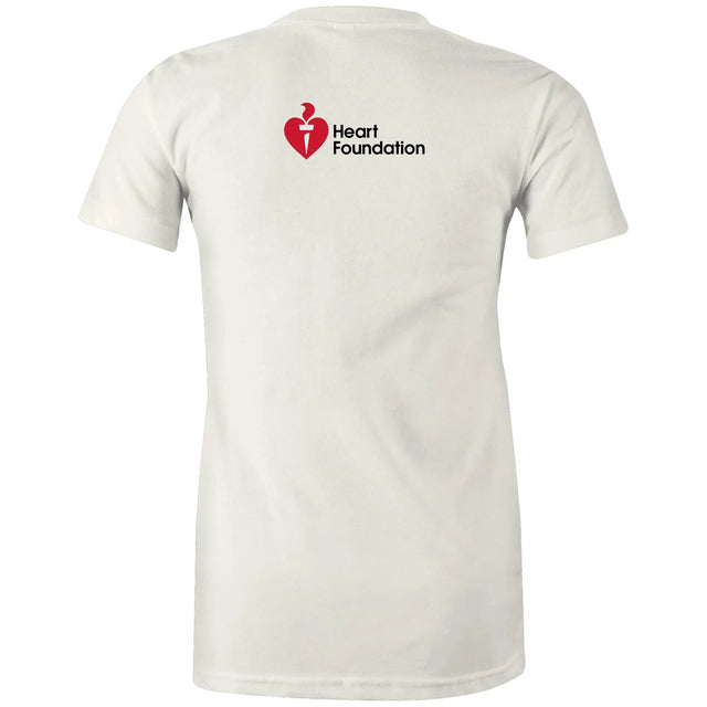 Natural colour women's t-shirt with Heart Foundation logo on upper back featured on light gray background