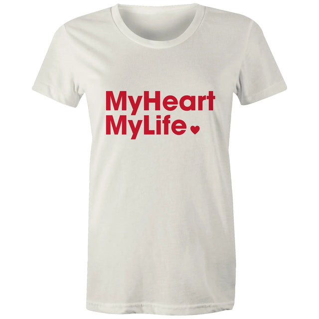Natural colour women's t-shirt with red print tag line featured on light gray background