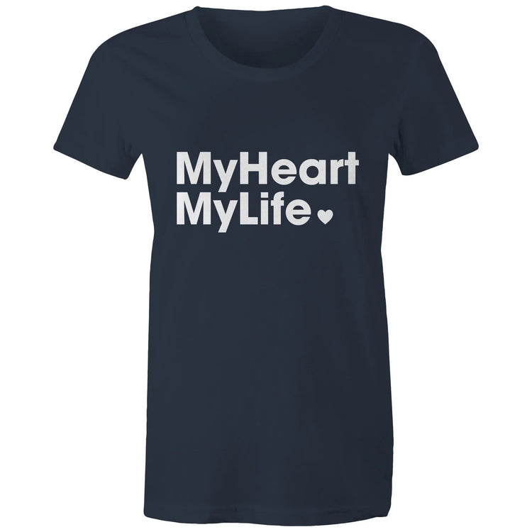Navy women's t-shirt with white print tag line featured on light gray background