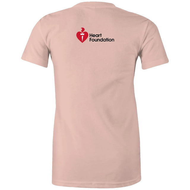 Pale pink women's t-shirt with Heart Foundation logo on upper back featured on light gray background