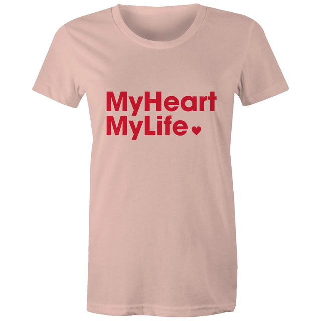Pale pink women's t-shirt with red print tag line featured on light gray background