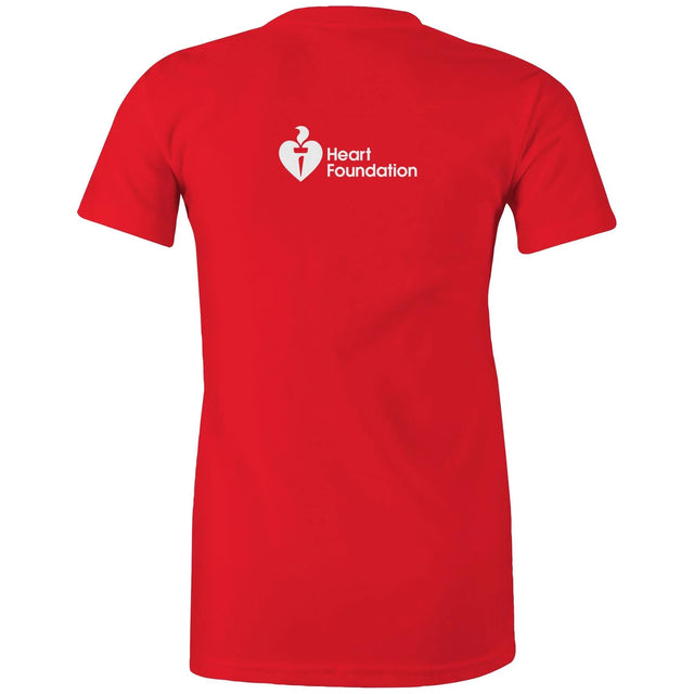 Red women's style t-shirt with Heart Foundation logo on upper back and featured on light gray background