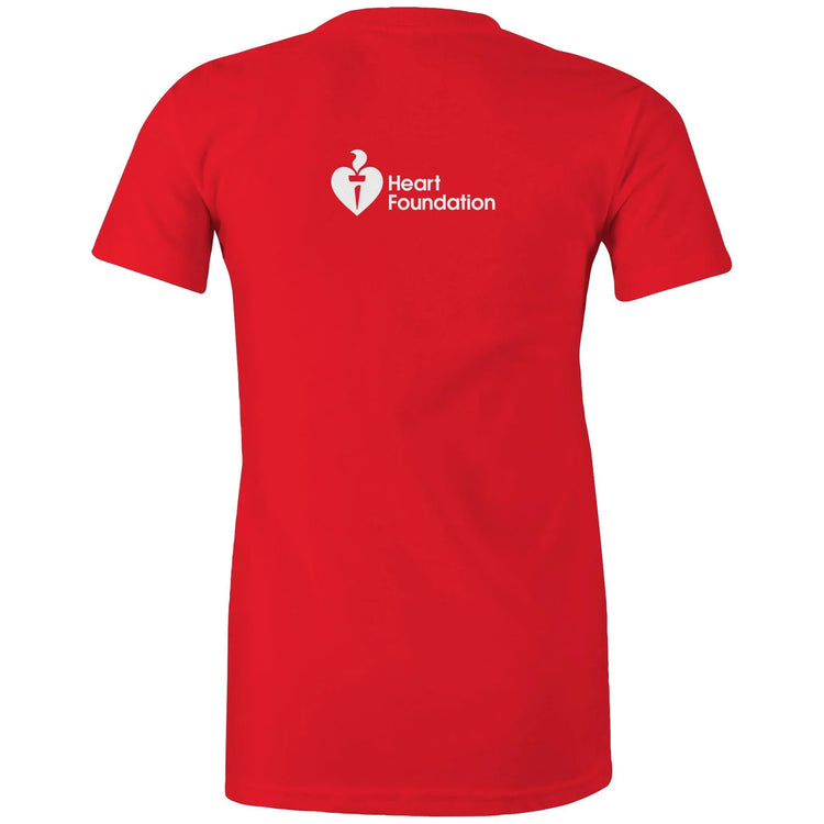 Red women's style t-shirt with Heart Foundation logo on upper back and featured on light gray background