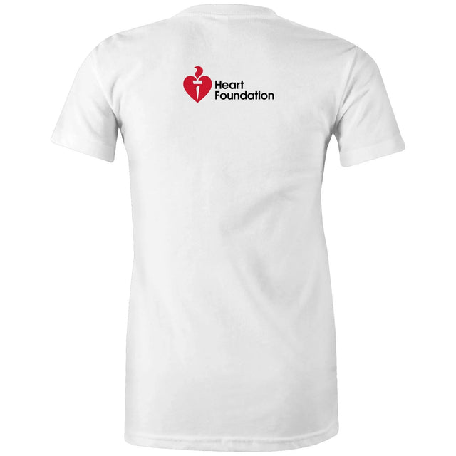 White women's t-shirt with Heart Foundation logo on upper back featured on light gray background