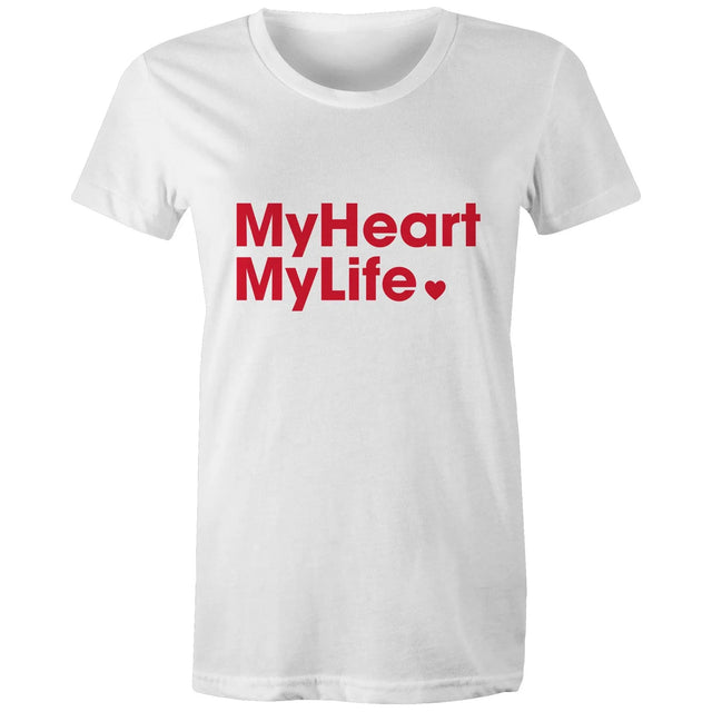 White women's t-shirt with red print tag line featured on light gray background