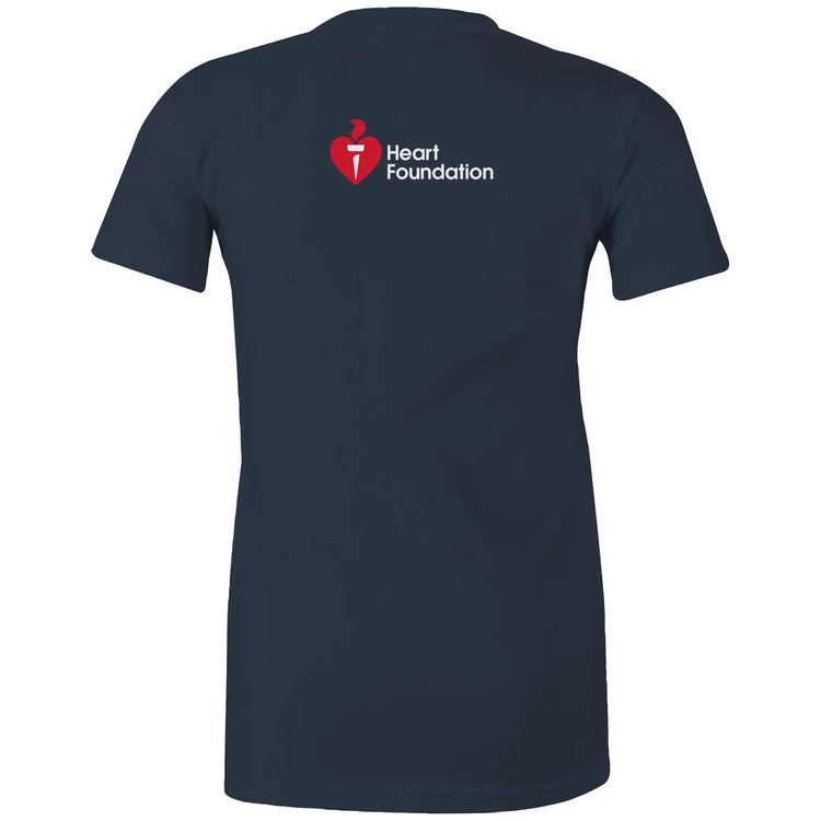 Navy women's style t-shirt with Heart Foundation logo on upper back, featured on light gray background.