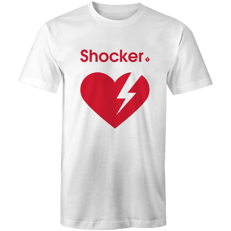 White Heart Foundation unisex t-shirt with red Shocker print featured on white background