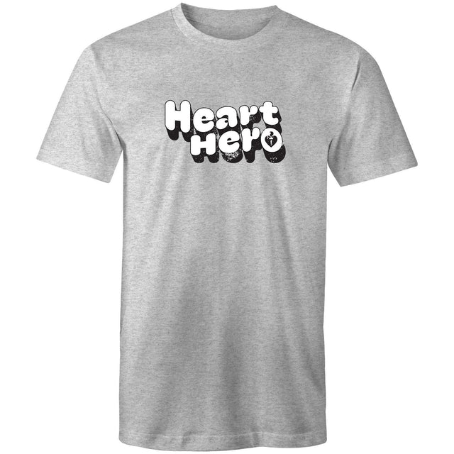 Grey marle mens/unisex short sleeve Heart Foundation t-shirt with Heart hero print to centre chest.
