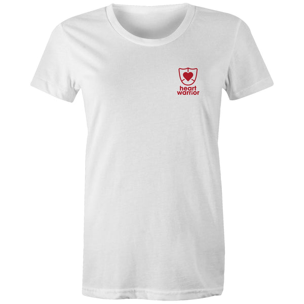 Heart Foundation women's white organic cotton t-shirt featuring Heart Warrior design in red print.