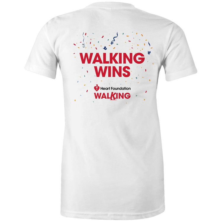 White ‘Walking Wins’ t-shirt by the Heart Foundation, designed to promote the benefits of walking for heart health.