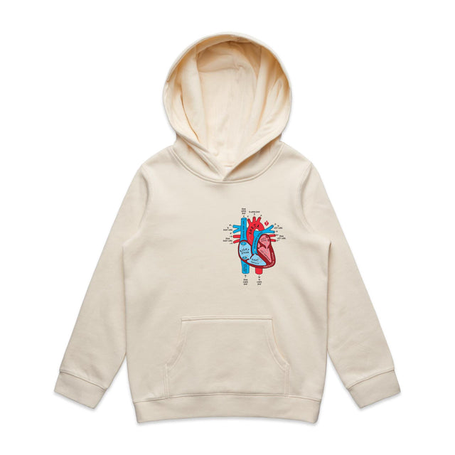 Kids natural colour hoodie with an anatomical heart design on a light gray background