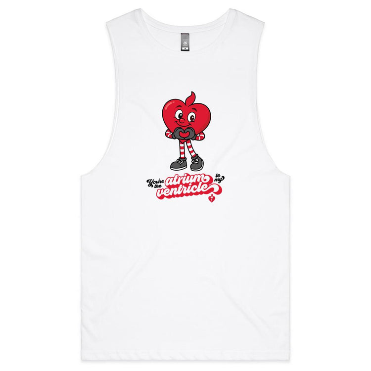 White tank tee with a red cartoon character and text on a white background