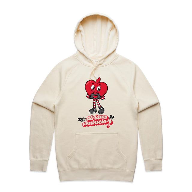 Ecru hoodie with a cartoon heart design and text on a plain white background