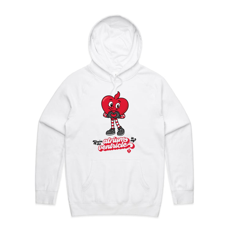 White hoodie with a cartoon heart design and text on a plain white background