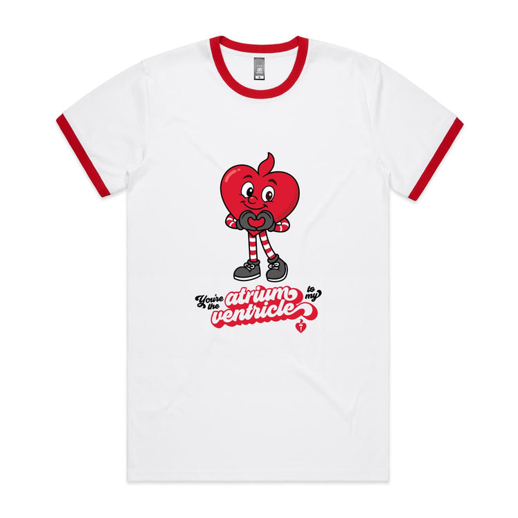 White t-shirt with a red cartoon character and text on a white background