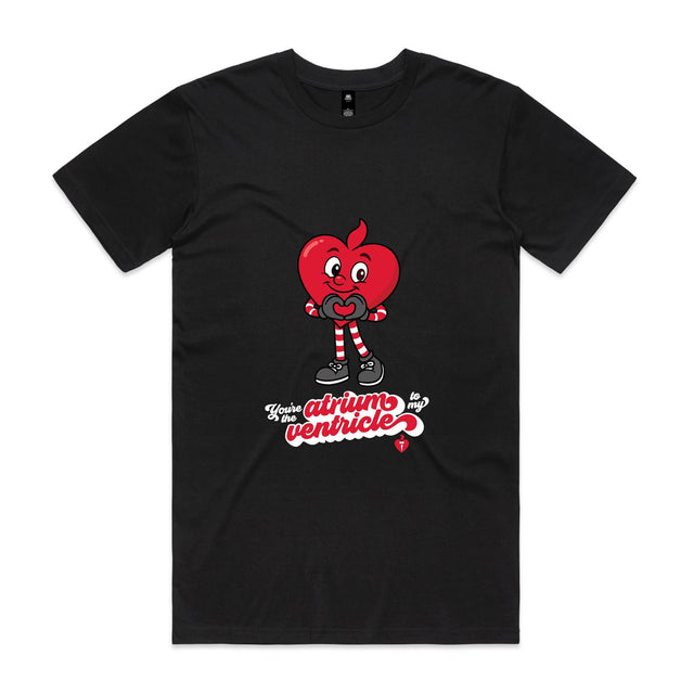 Black t-shirt with a red cartoon character and text on a white background