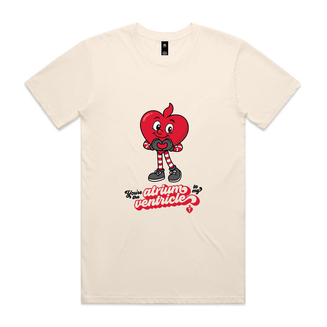 Cream t-shirt with a red cartoon character and text on a white background