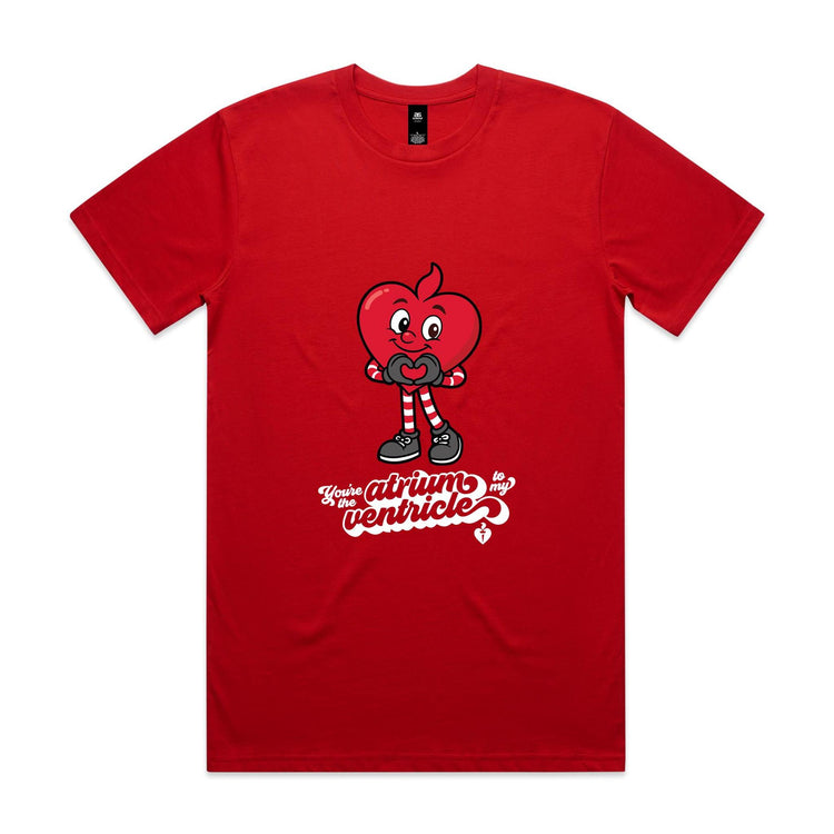 Red t-shirt with a red cartoon character and text on a white background