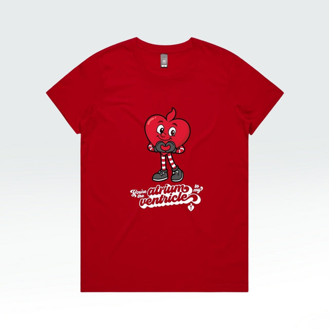 Red t-shirt with a cartoon heart character and text on a white background