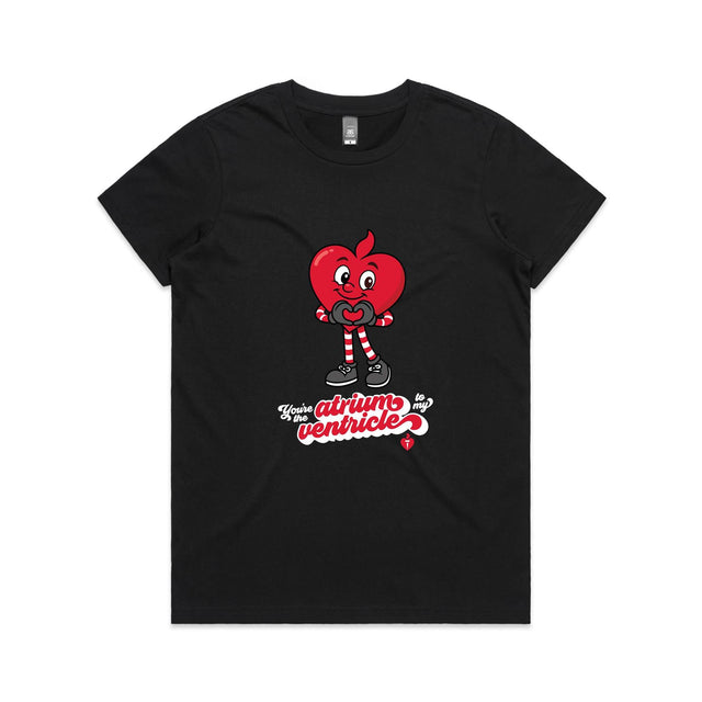 Black t-shirt with a red cartoon character and text on a white background