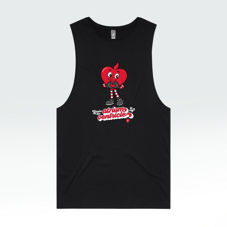 Black tank top with a red heart design on a light gray background