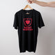 Black Heart Foundation men's short sleeve organic cotton t-shirt with heart warrior design in red print and displayed on hanger.