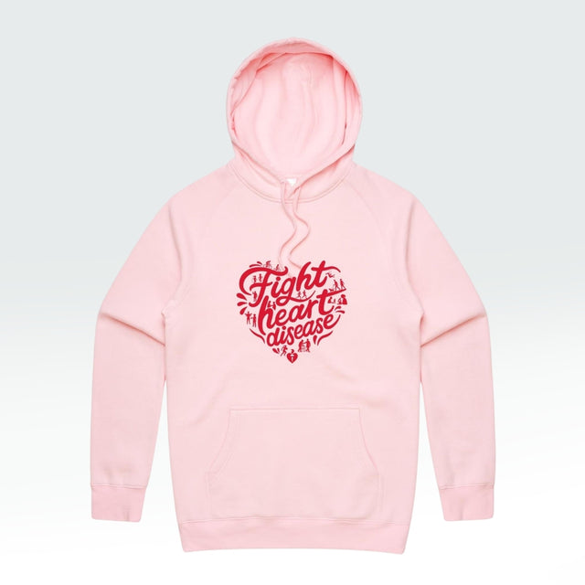 A light pink pullover hoodie with a red graphic on the chest that reads 'Fight heart disease' in a heart-shaped design, displayed against a light gray gradient background.
