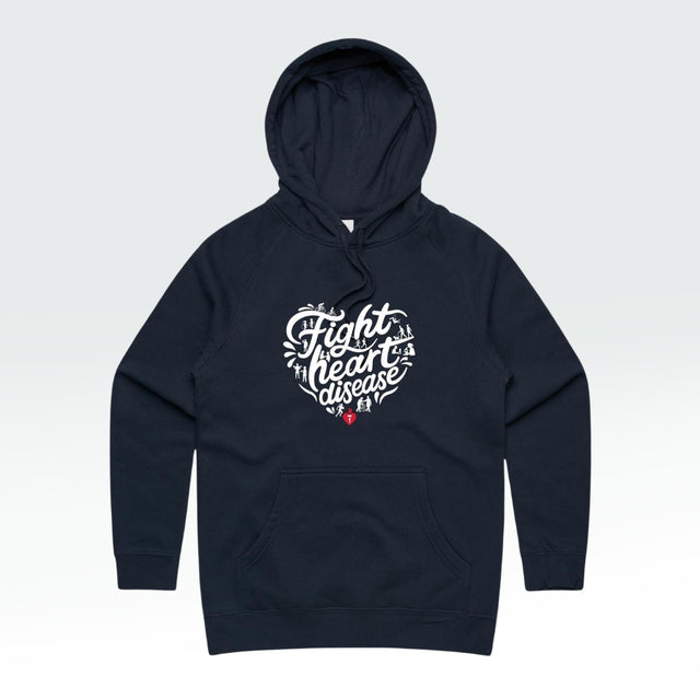 A navy blue pullover hoodie with a white graphic on the chest that reads 'fight heart disease' in a heart-shaped arrangement, featuring a small red heart at the bottom, shown against a light gray gradient background.