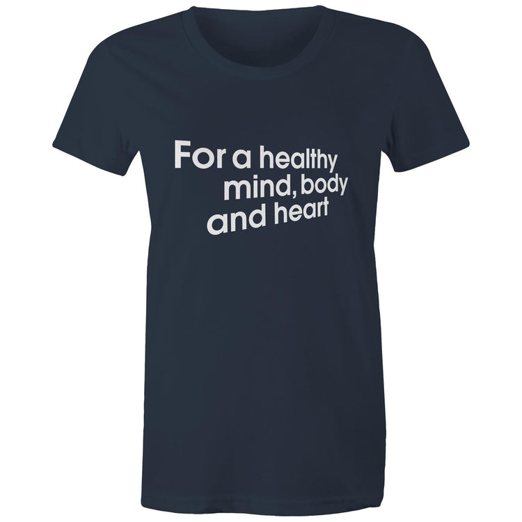 Navy ‘Walking Wins healthy heart’ t-shirt by the Heart Foundation, promoting the benefits of walking for a healthy mind, body, and heart.