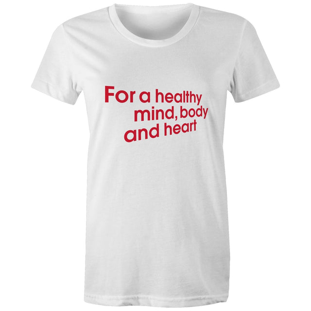 White ‘Walking Wins healthy heart’ t-shirt by the Heart Foundation, promoting the benefits of walking for a healthy mind, body, and heart.